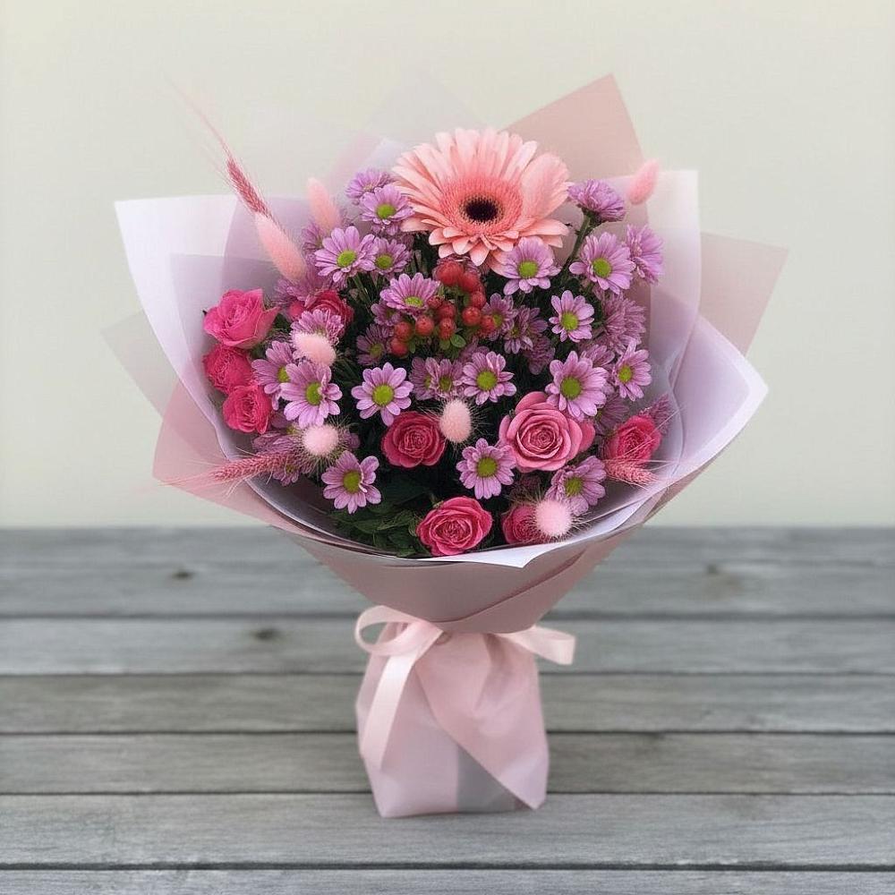 Букет цветов из: Розы, Герберы и Хризантемы в Солуно-Дмитриевском