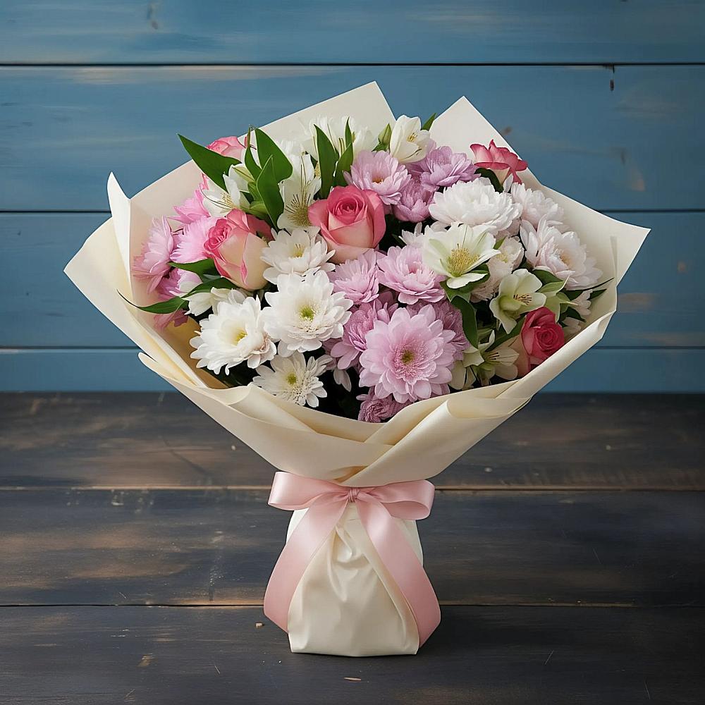 Букет цветов из: Хризантемы, Альстромерии и Розы в Солуно-Дмитриевском